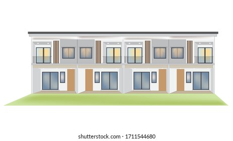 Imagen vectorial de 4 viviendas adyacentes de nueva construcción sobre fondo blanco.