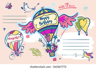 Image of vector color balloon with flower and text. Illustration for happy birthday.