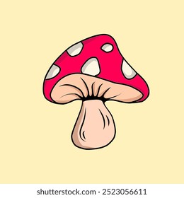 The image vector features a stylized red mushroom with white spots, a beige stem, and a smooth surface. It is set against a pale yellow background, giving it a playful, cartoon-like appearance.