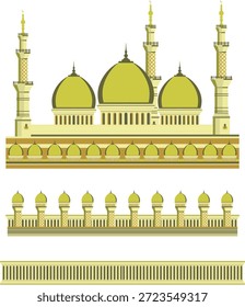 The image is a vector illustration of an Islamic mosque featuring multiple sage green domes and tall minarets, highlighted with golden yellow accents. The illustration also includes separate elements of an ornate archway railing suitable for architectural design purposes. 