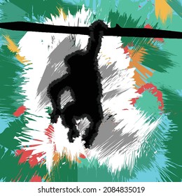 Image vector of Monkey silhouette hanging on tree branch. Abstract Wallpaper with brush strokes. Nature wildlife conservation.