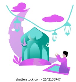 image or vector of a place of worship for a Muslim praying with a mosque in the background