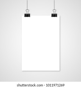 Image Vector White Poster Hanging On Binder. Grey Wall With Mock Up Empty Paper Blank. Layout Mockup. Vertical Template Sheet.