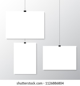 Image vector white poster hanging on binder. Grey wall with mock up empty paper blank. Layout mockup. Vertical and horizontal template sheet.