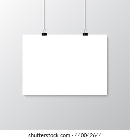 Image vector white poster hanging on binder. Grey wall with mock up empty paper blank. Layout mockup. Horizontal template sheet.