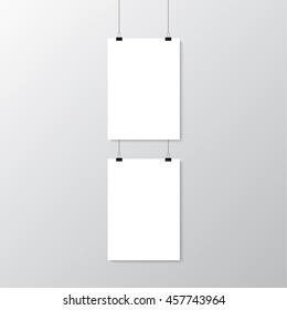 Image vector white poster hanging on binder. Grey wall with mock up empty paper blank. Layout mockup. Vertical template sheet.
