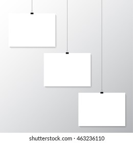 Image vector white poster hanging on binder. Grey wall with mock up empty paper blank. Layout mockup. Horizontal template sheet.