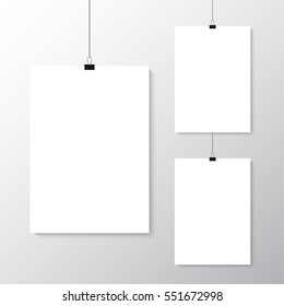 Image Vector White Poster Hanging On Binder. Grey Wall With Mock Up Empty Paper Blank. Layout Mockup. Vertical Template Sheet.