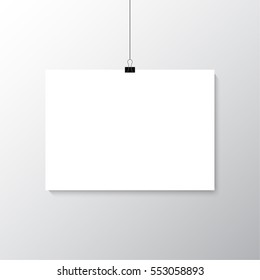 Image vector white poster hanging on binder. Grey wall with mock up empty paper blank. Layout mockup. Horizontal template sheet.