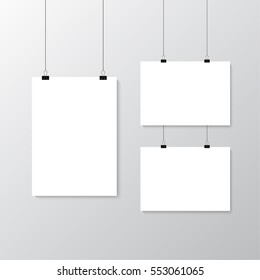 Image vector white poster hanging on binder. Grey wall with mock up empty paper blank. Layout mockup. Vertical and horizontal template sheet.