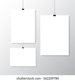 Image vector white poster hanging on binder. Grey wall with mock up empty paper blank. Layout mockup. Vertical and horizontal template sheet.