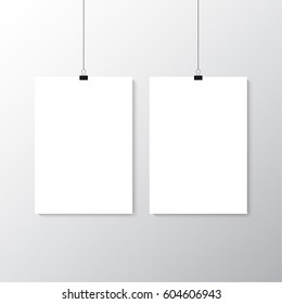 Image vector white poster hanging on binder. Grey wall with mock up empty paper blank. Layout mockup. Vertical template sheet.