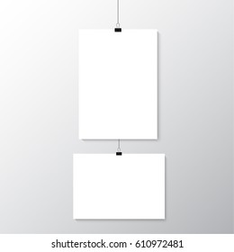 Image vector white poster hanging on binder. Grey wall with mock up empty paper blank. Layout mockup. Vertical and horizontal template sheet.