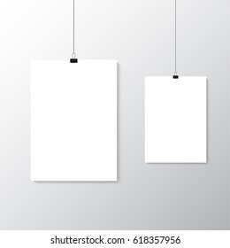 Image vector white poster hanging on binder. Grey wall with mock up empty paper blank. Layout mockup. Vertical template sheet.