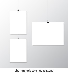 Image vector white poster hanging on binder. Grey wall with mock up empty paper blank. Layout mockup. Vertical and horizontal template sheet.