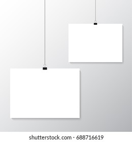 Image vector white poster hanging on binder. Grey wall with mock up empty paper blank. Layout mockup. Horizontal template sheet.