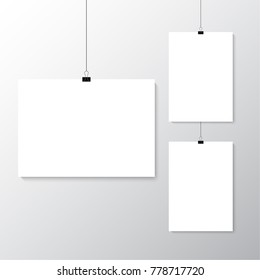 Image vector white poster hanging on binder. Grey wall with mock up empty paper blank. Layout mockup. Vertical and horizontal template sheet.