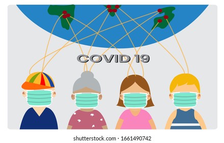 Image vector,4 people wear a mask to prevent the spread of germs. Worldwide virus
