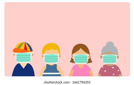 Image vector,4 people wear a mask to prevent the spread of germs. Worldwide virus