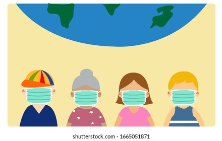 Image vector,4 people wear a mask to prevent the spread of germs. Worldwide virus