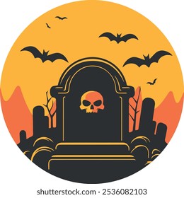 Imagem vetorielle d'une tombe au milieu d'un cimetière aux couleurs d'halloween et de style clip art