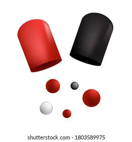 Image vector,Red and white capsule tablets are opened, then pour hard, wind and small tablets on white background.