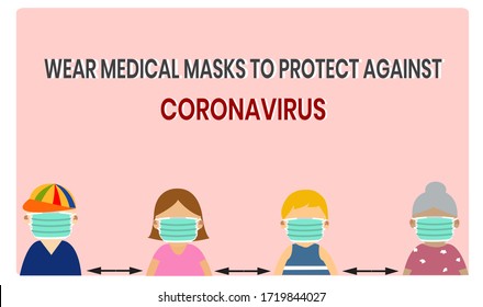 Image vector.Stay home,social distancing and wear medical masks to reduce infection on pink background.