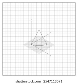 Image of vertical cone on coordinate grid on notebook sheet of checkered paper. School paper sheet lined in a cage with mathematical drawing of cone. Simple black and white vector