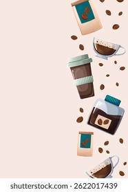An image of a vertically oriented frame that includes coffee beans, a glass jar, and a paper bag filled with coffee, as well as glass and cardboard cups filled with prepared coffee.