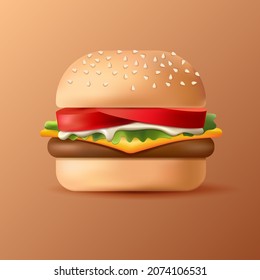 Image of a very appetizing hamburger on a beige background. Image of a very appetizing hamburger on a beige background. Ingredients cheese, meat, lettuce, tomatoes.