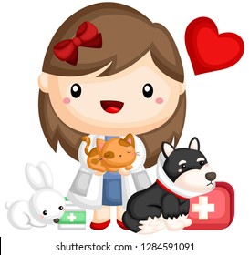 an image of vetenarian with many animal beside her
