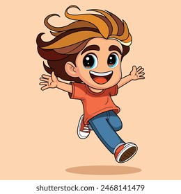 The image is a vibrant cartoon illustration of a joyful boy with flowing hair, captured in mid-run with a wide, excited smile on his face.