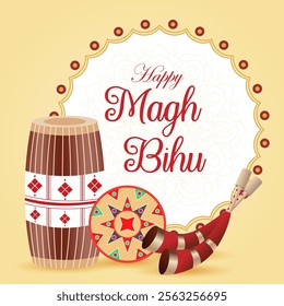 The image is a vibrant illustration for Magh Bihu featuring a Dhol Pepa intricate Assamese circular designs a Happy Magh Bihu greeting, and festive mandala patterns