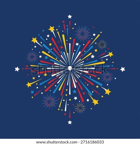 The image is a vibrant, symmetrical flat vector illustration of a single large fireworks explosion against a solid deep navy blue background. The composition is perfectly radial and circular, centered on a bright white core from which numerous elongated bursts radiate outward in all directions, varying in length and thickness to create depth and energy. The bursts are colored in a patriotic palette of red, white (thin lines), blue, and yellow, with some subtle purple accents. Scattered around the outer edges are solid-filled stars in matching colors (red, yellow, blue, and white) of different sizes, adding sparkle and a sense of ongoing detonation. The design uses clean, bold lines with no gradients, shading, or outlines beyond the shapes themselves, resulting in a modern, festive iconographic style that's bold, celebratory, and highly scalable—ideal for holiday graphics, Independence Day themes, New Year's celebrations, or event decorations.