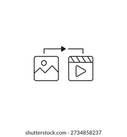 Image to video AI converter icon. Photo turning into movie clip animation symbol. Artificial intelligence motion generator vector illustration.