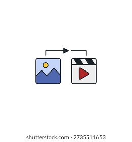 Image to video AI converter icon. Photo turning into movie clip animation symbol. Artificial intelligence motion generator vector illustration.