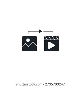 Image to video AI converter icon. Photo turning into movie clip animation symbol. Artificial intelligence motion generator vector illustration.