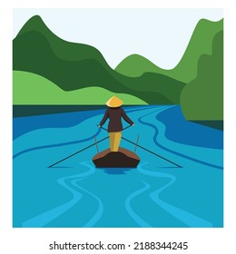 Image of Vietnam. A man is sailing on a boat.