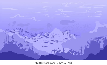 Image of a view of the ocean floor or under the sea in blue. Suitable for wallpaper, magazines, backgrounds, banners, posters and advertisements