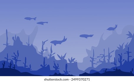 Image of a view of the ocean floor or under the sea in blue. Suitable for wallpaper, magazines, backgrounds, banners, posters and advertisements