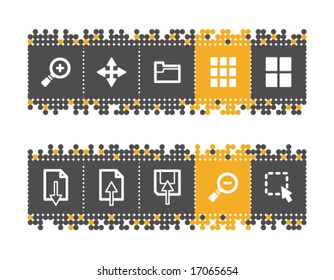 Image viewer web icons on grey and orange dots bar. Vector file has layers, all icons in two versions are included.