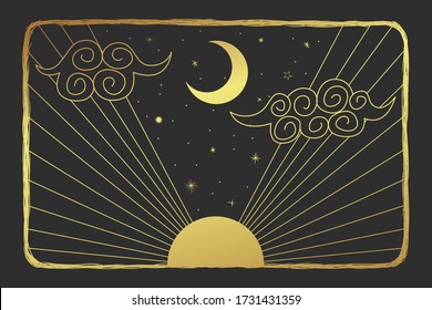 image vintage vintage engraving style. dawn. moon, rays of the sun, clouds, starry sky, stars. Vector graphics