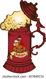Image of the vintage German mug with beer. Vector illustration.