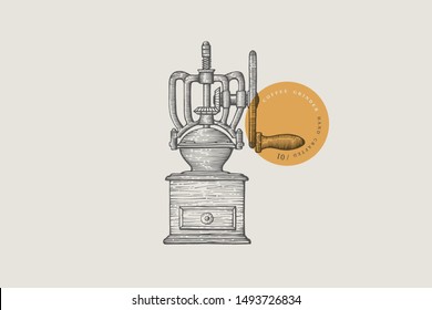 Image of a vintage manual coffee grinder, drawn by graphic lines on a light background. Can be used in the design of cafes and restaurants. Vector illustration in engraving style.