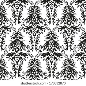 Image of vintage wallpaper white with black floral ornaments.