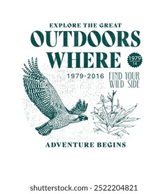 The image is a vintage-style poster with a white background and text that reads "EXPLORE THE GREAT OUTDOORS WHERE 1979-2016 FIND YOUR WILD SIDE ADVENTURE BEGINS." Above the main text, there's a circul