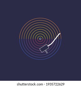 Image of a vinyl record in a linear style. Vector illustration music on dark background.