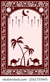 The image is a visually striking, minimalist depiction of a desert night. The silhouette of a lone figure leading two camels through a grove of palm trees is set against a stark, white background.