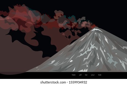 Image of a volcano on a dark background. Vector illustration is brown, black, red, crimson and pink colors. eps10