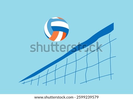 Image of volleyball flying over volleyball net on the background of blue sky. Vector illustration.